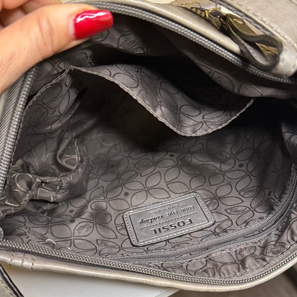 Fossil Hanover Leather Shoulder Bag in a gray color